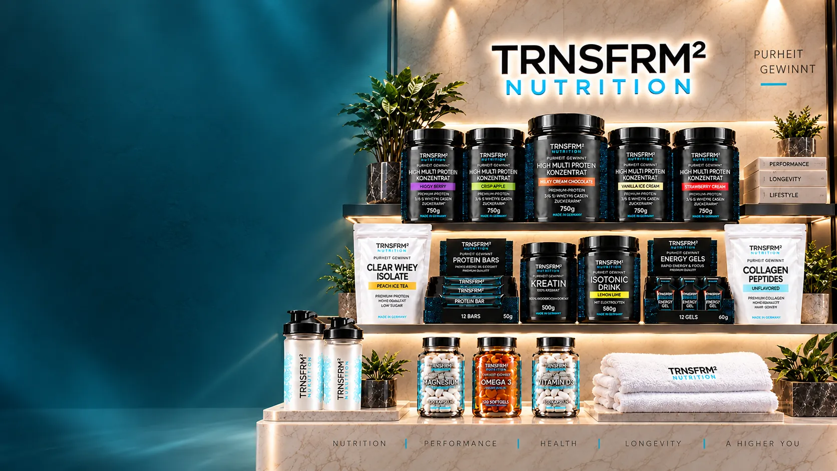 Produktregal mit dem TRNSFRM²-Sortiment